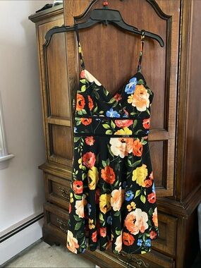 Black Floral Spaghetti-Strap Mini Dress with Multicolor Blooms